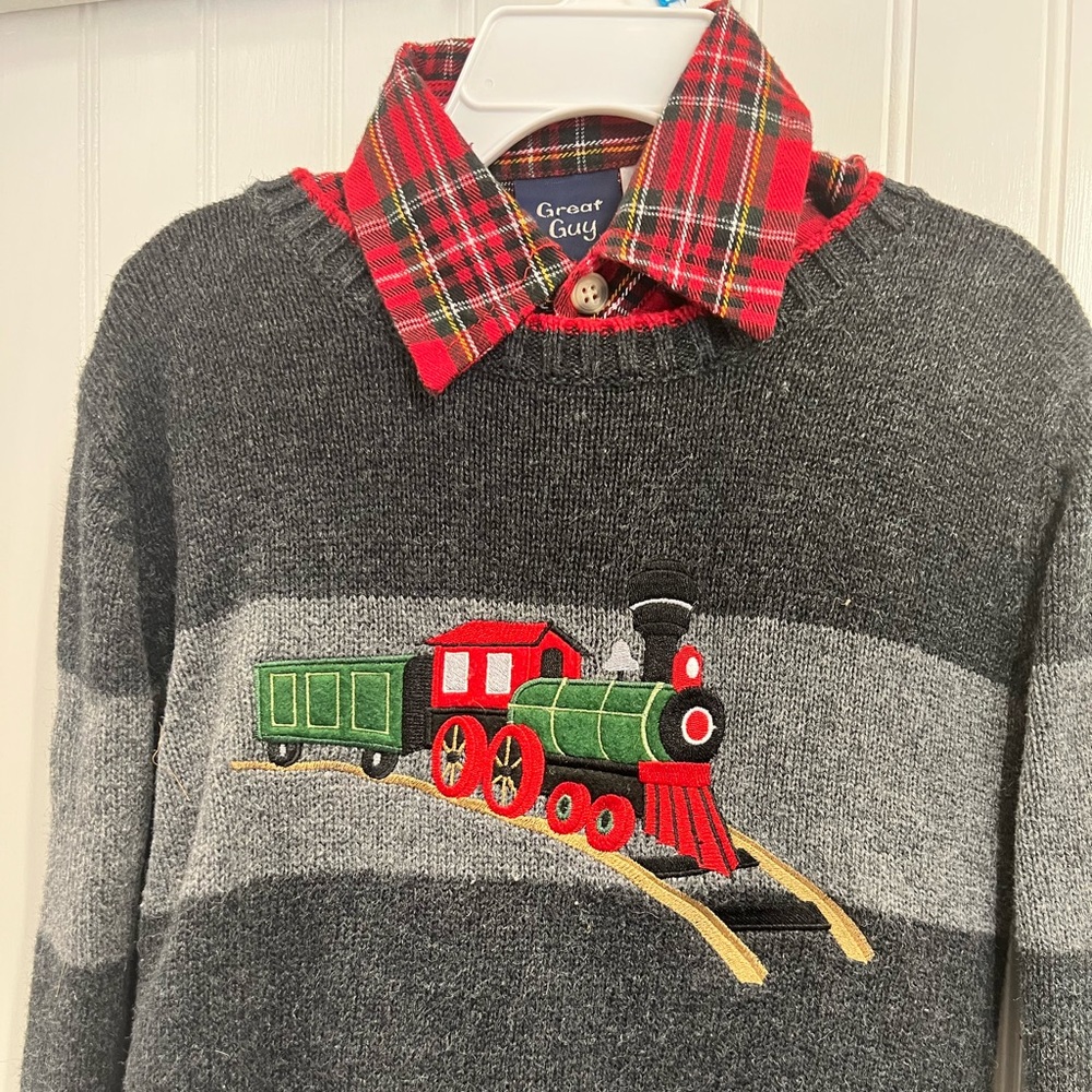 2T Train Sweater with plaid flannel